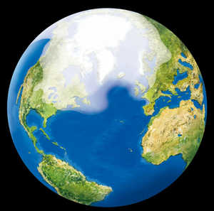 The last Ice Age as it would have been seen from space. In this
reconstruction the ice can be seen to cover much of the European
landmass. The clear area of the Atlantic Ocean between Europe
and North America was much smaller than it is today