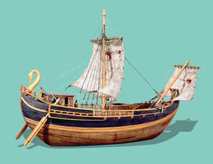 Roman merchant ship. One essential feature was the way Roman
vessels of Mediterranean origin were adapted to the particular characteristics
of the Bay of Biscay, very probably leading to a new type
of ship. Along these coasts, the Romans encountered different sailing
conditions to those they were accustomed, with features such as tides,
Atlantic waves, sand bars and prevailing winds. At the same
ti-me, local building materials and techniques were also different,
fostering a symbiosis that was to mark the beginning of an evolutionary
step in shipbuilding techniques.