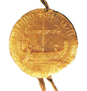 Seal of San Sebastian from 1352. The town councils chose the
feature that would probably best have identified their trade and
their technological prowess.