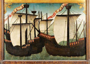 Ship from the late fifteenth century depicted in the ex-voto at
the church in Zumaia. The evolution in the rig of the ships is clear,
with new multi-masted vessels.