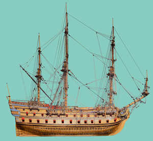 The greatest technological advance of the eighteenth century
came with the development of the ship-of-the-line, as science was
applied to shipbuilding. Basque shipbuilders took an active part in
developing the ship-of-the-line. Model warship. Several of these
were built in Pasaia and Orio, following instructions from Gaztaeta,
between 1713 and 1716.