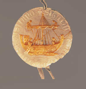 Seal of San Sebastian (1352). General Archive of Navarre.
Similar to the one in the National Archive in Paris, dating from
1297.