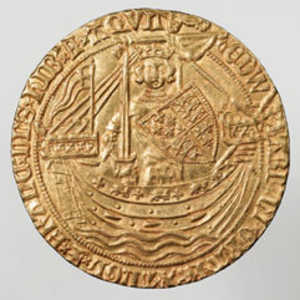 Coin depicting Edward III of England, from 1344. It shows the
Bayonne design of ship. This is evident in the curved bow of the
cog, which is different to the cogs of the Hanseatic League.
-–Curved bow. 