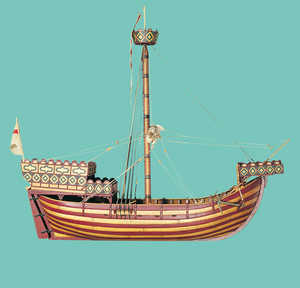 Model based on a colour picture in Bayonne cathedral. It has
the same general characteristics as the one shown on the keystone;
however the proportions have been stylised in line with studies of
vessels from the period. The model makers have taken account the
artists' need to compress the motifs they sculpted to fit the limited
space available. –Aftercastle (or sterncastle). –Stern rudder.
–Forecastle.
