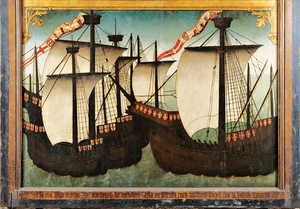 Ex-voto at the Church of St. Peter (San Pedro) in Zumaia, depicting
the victory of the ships of Juan Martínez de Mendaro over the
Portuguese and Genovese navies in the Straits of Gibraltar in
1475.