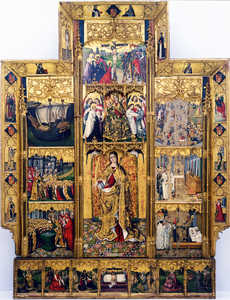 The altarpiece dedicated to Santa Ursula at the church of
Cubells, painted by Joan Reixach in 1468, and the model of the
Matar cog shows that one-masted vessels were still being used in
this part of the Mediterranean around the middle of the fifteenth
century. However, they both contain construction features that are
similar to the Zumaia. The image on the altarpiece shows in some
detail the morphology of the stern, which cannot be clearly seen
in the picture from Zumaia. The bow of the Matar cog is very
similar to that of the Zumaia.
