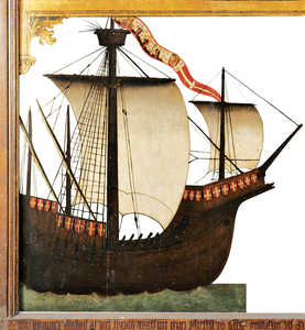 >Image taken from the ex-voto showing the Zumaia, flagship of
Martínez de Mendaro's fleet. Note how the foremast and two mizzen
masts are carefully shown. These two sails were now fully
functional after a process of evolution lasting throughout the century.
The forecastle is larger now and is fully integrated into the
structure of the hull, as is the quarterdeck or poopdeck at the stern.
The net effect is to make these features sturdier with a view to increasing
the vessel’s battleworthiness. Note the cannon along the
gunwale and spears at the crow’s nest. –Mizzen sails. –Foresail. The ex-voto in Zumaia does not show the typical relief of a clinker-built hull. The Zumaia may have been one of the first carvel-
built ships; however we cannot be sure because even in previous
depictions of clinker-built ships, the relief was not always
shown. However, it was during this period that the first hybrid hulls
began to develop: a carvel-built draft and clinker-built freeboard.
This the case of the wreck found in Cavalaire, France. 
