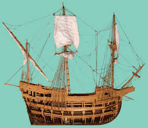 Model of the San Juan, from Pasaia, which sank in Red Bay,
Labrador in 1565. This model is the result of years of research by
the underwater archaeology department of Parks Canada, following
excavation of the wreck between 1978 and 1992. This is the type of
sixteenth-century ocean-going ship that has furnished the international
scientific community with most information. The San Juan
was a medium-sized whaling ship, with a capacity of 200 tonnes.
The model shows the interior layout and the three decks, which
could house approximately one thousand casks of valuable oil.
