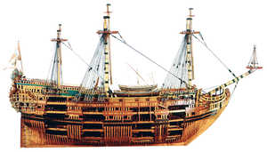 Between 1687 and 1690 Antonio de Gaztañeta led the construction
of the royal flagship “Nuestra Señora de la Concepción y
de las Ánimas”. In his work “Arte de fabricar Reales” he describes
her construction in great detail. This large galleon was innovative
for her time, marking a transition from the galleon to the ship of the
line.