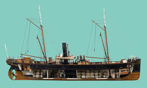 The Ugarte No. 1 was built in England around 1878. During
this period the Ugarte family began to build wooden-hulled steam
ships at Aginaga. The Ugartes were the first steam-driven ships to
be built in the Basque Country. This model shows how much space
was taken up by the new propulsion system.
