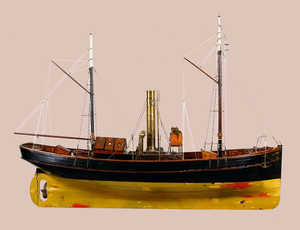 Steamship Mamelena. First steam fishing boat in the Basque
fleet. She was purchased by Ignacio Mercader, from San Sebastin
in Leith (UK) in 1879. Initially, she was used to tow the sail-driven
skiffs to the fishing grounds; after some preliminary trials she was
put to use as a trawler.