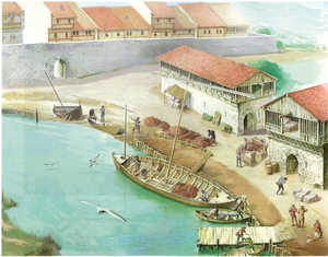 Scene from the port of Gernika in the second half of the fifteenth
century. Many of what we now consider to be inland towns
were once sea ports, thanks to vessels such as the pinnace, which
could reach them at high tide. In Gipuzkoa in this period similar
scenes might be seen in towns such as Errenteria, Hernani, Usurbil
and others.