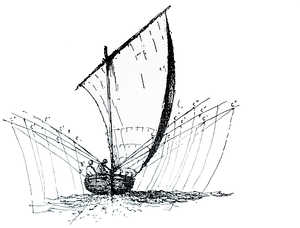 The Marquis of Folin, harbourmaster at Bayonne, took a great
interest in the smaller Basque vessels, making studies and plans of
various types of boat. This drawing shows the arrangement of the
rods along the side of the tuna boat in some detail.
