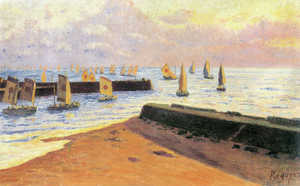Tuna boats leaving the port of Ondarroa at dawn, by Daro de
Regoyos. The painting shows the figures decorating the sails, used
to identify different boats at a distance.