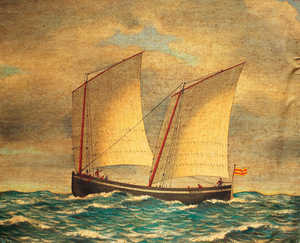This cargo launch was built in the last period of sail power in
the Basque Country. The large sail area and the radical design were
a reaction to the threat of motor-driven ships.
Note the foresail, which is nearly as big as the mainsail. Both are
built “al sexto” and the mainsail, because of its size, is hauled in to
the foot of the mast to facilitate the manoeuvre. "Nuestra Señora de
la Concepción", one of three pleitxeruak (cargo ships) belonging to
Simón Berasaluze Arrieta. Copy of the oil painting painted in
Bayonne by G. Gréze, in 1878". Oil painting by Simón Berasaluze
Aginagalde.