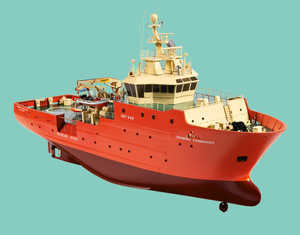 
Comparative sizes of an oil tanker and a tug. The “Grampian Commander” was the first of a series of seven
rescue vessels built by Balenciaga from 2005 for the Scottish company,
North Star Shipping. The purpose of these vessels is to stand
by at the oil rigs in case an accident occurs (fire, exhaust fumes,
etc.) and the workers need to be evacuated. These vessels work in
the North Sea, and are based in Aberdeen.