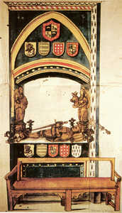 Dibujo, con los colores y esmaltes originales, del Sepulcro
de D. Pedro Martínez de Alaba, erigido hacia 1525 en la iglesia de San Pedro
de Vitoria. Cr. 15 (Al. Chancillería de Valladolid).