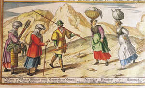 31. La scne grave par Georgio Housnaglio en 1567 nous montre la faon de s'habiller des paysans basques  cette poque. A gauche, deux femmes maries et un homme s'acheminent vers Vitoria; elles portent de la laine file ou en touffes pour la vendre au march et couvrent leur tte de coiffures volumineuses dont les formes compliques variaient d'un village  l'autre. L'homme, arm d'une pique et d'une arbalte, est revtu de chausses, d'une chemise et d'un pourpoint aux manches ballones. Les deux jeunes filles qui se croisent sur le chemin se dirigent vers la rivire, en portant sur leur tte le linge  laver dans un panier rond et une cruche primitive remplie d'eau; les deux sont des jeunes clibataires et c'est pouquoi elles ont la tte dcouverte.