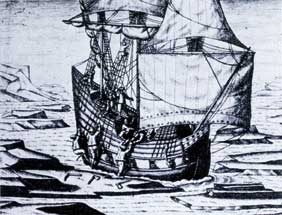 Grabado de De Bry, de 1601, representando a un barco rodeado por los hielos.