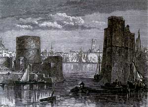 Engraving of La Rochelle port.