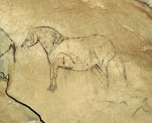 104. Detailed painting of a horse. There is a spear stuck in the front part of the body, at the position of the heart and another in the lower hind quarters.© Jess Altuna