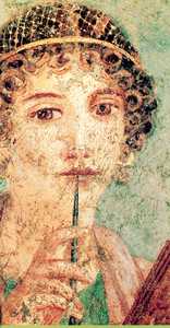 120. Entre los pintores pompeyanos arraig la moda de retratar a las damas como escritoras, llevndose el punzn (stylus) a la boca y con las tablillas enceradas en la otra mano.© Ed. Dolmen