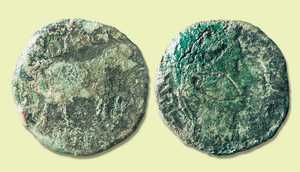 30. La moneda de Augusto de la calle Beraketa est acuada en la ciudad de Celsa (Velilla del Ebro); se trata de un as.© Xabi Otero