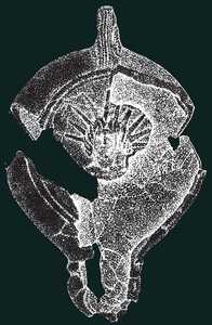 141. Le visage qui prside cette lampe, dcouverte dans la mine d'Altamira 3 (Irun), correspond  l'image du soleil divinis, avec sa couronne de rayons. © Arkeolan Ikerketa Zentroa. Irun