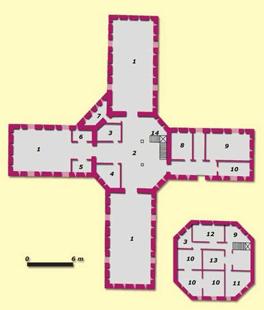 125. Pagogaa Fort (in 1916):1-Troop barracks; 2-Communication between the four adjoining bays; 3 Kitchen; 4 Effects; 5 Sergeants' quarters; 6 Washroom; 7 Rifle gallery; 8 Corps de garde; 9 Provisions store; 10 Officers' quarters; 11 Commander's quarters; 12 Officers' mess; 13 Courtyard; 14 Stairs between the two floors in the central tower.© Juan Antonio Sez