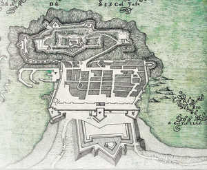 58. Plan of San Sebastian drawn in 1724 by Juan de Landaeta. In this project, the fortifications on Mount Urgull are arranged in three concentric areas overlooked by Holy Cross Castle.© Carlos Mengs