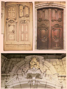 47. 1. Drawing for the chancel of the church of Santa Maria in Tolosa, designed by Jos Ignacio de Lavi, showing the two alternatives from which the church could choose. 2. Doorway leading to the church under the portico, designed by Toms de Juregui. 3. Detail of the top of the design eventually chosen and also executed by Toms de Juregui.© Xabi Otero